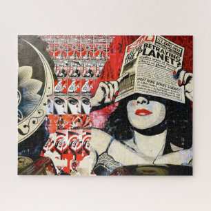 Grunge street art van een vrouw die een krant vast legpuzzel