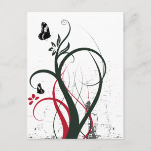 Grunge Swirls 2 Butterflies Origineel Zwart Rood Briefkaart
