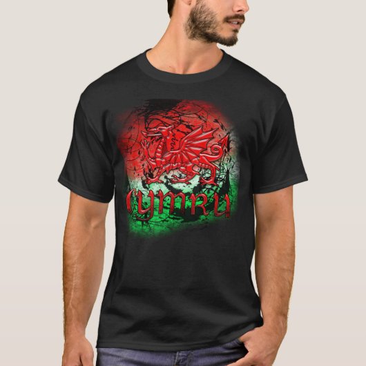 Grunge TShirt met Welsh Dragon en Cymru (Voorkant)