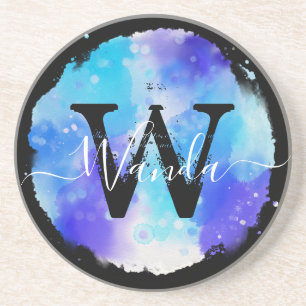 Grungey Blue-Waterverf monogram kalligrafie Zandsteen Onderzetter