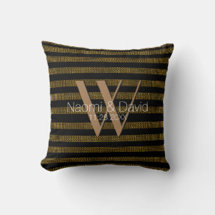 Grungish goud glitters en zwarte strepen Monogram Kussen