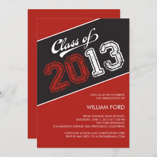 Grungy Afstuderen Afstuderen Uitnodiging - Rood (Voorkant / Achterkant)