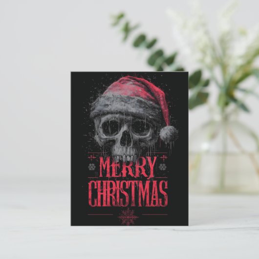 Grungy Gothic Skull Wearing a Distressed Santa Hat Briefkaart (Staand voorkant)