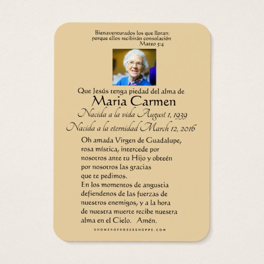 Guadalupe Katholieke Funeral Heilige Prayer Visitekaartje (Achterkant)