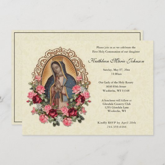 Guadalupe Roses première communion Invitations (Devant / Derrière)