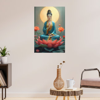 Guanyin Mediteren op een stralende lotus Poster