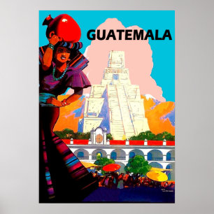 Guatemala, inheemse vrouw met aardewerk, piramide poster