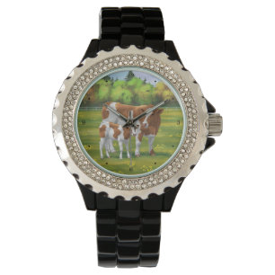 Guernsey Koe en Cute Calf in Summer Pasture Horloge