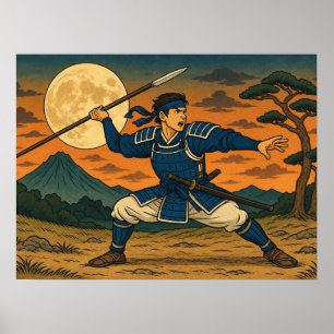 Guerrier Japonais à la Lance Affiche Pleine Lune