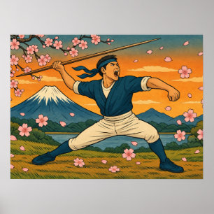 Guerrier Japonais à la Lance Mont Fuji Affiche