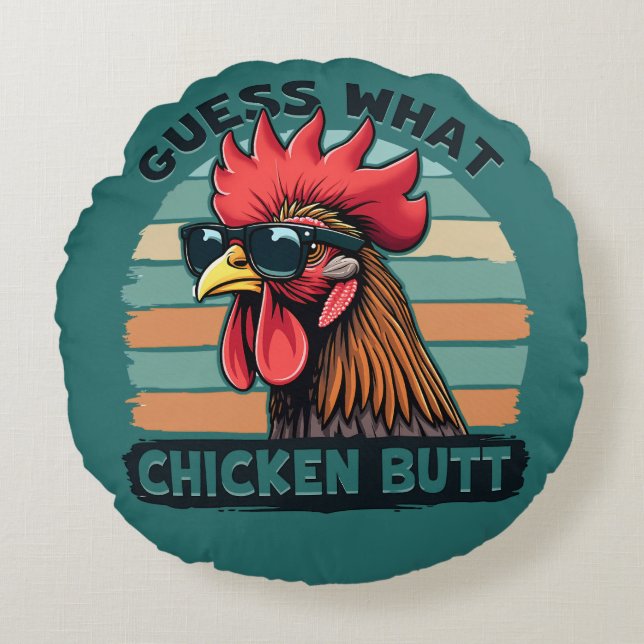 Guess What Chicken Butt Funny Retro Rooster Rond Kussen (Voorkant)