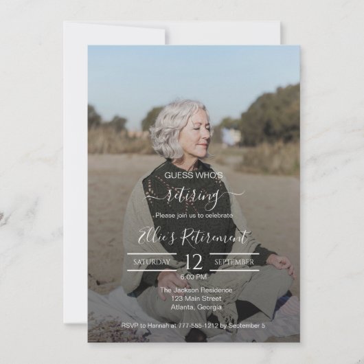 Guess Who Retired Female Script Photo Invitation Kaart (Voorkant)