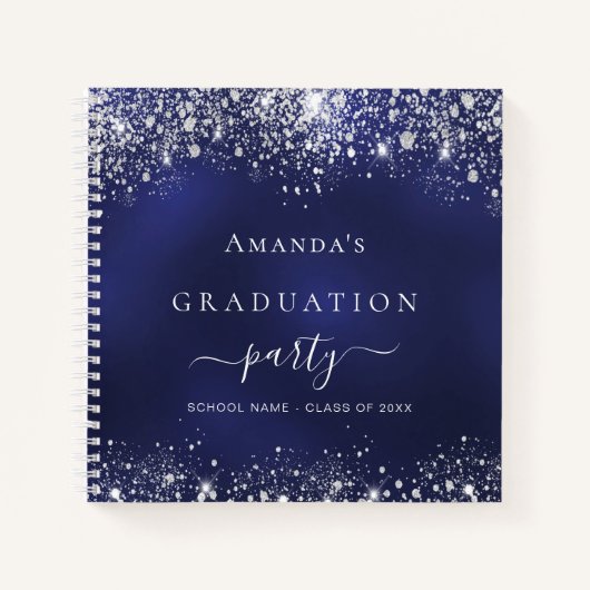Guest book afstuderen navy blue zilver glitter notitieboek (Voorkant)