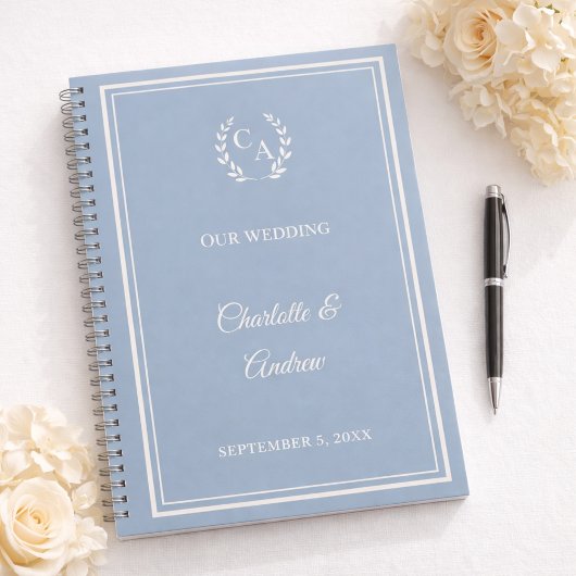 Guest Book dusty blue ivory monogrammed wedding Notitieboek
