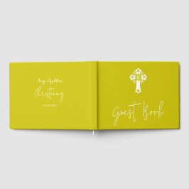 Guest Book Floral Cross Christening Yellow Gastenboek