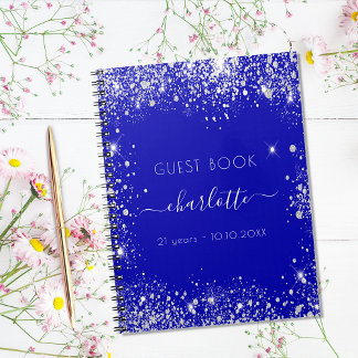 Guest book jarig koninklijk blauw zilverglitter notitieboek