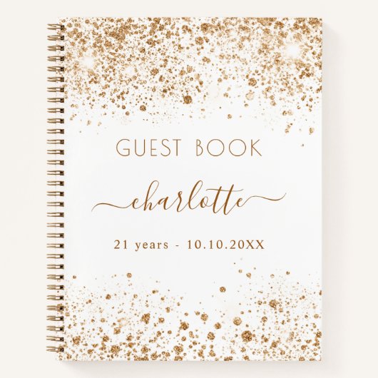 Guest book jarig white gold glitter name script notitieboek (Voorkant)