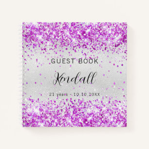 Guest book jarig zilveren paarse roze glitter notitieboek