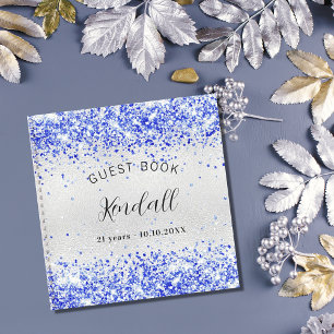 Guest book jarig zilveren royal blue glitter name notitieboek