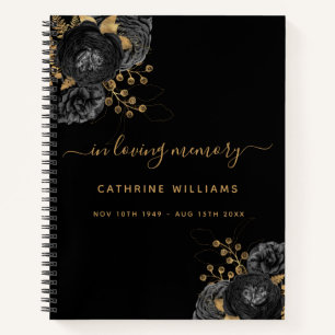 Guest book memorial black gold floral name begrafe notitieboek
