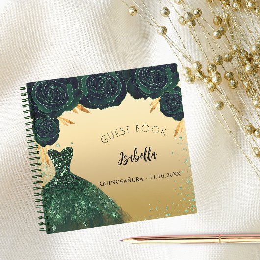 Guest book Quinceanera emerald green goudjurk Notitieboek
