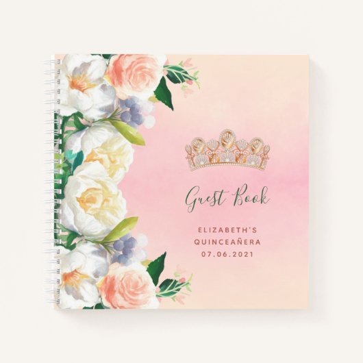 Guest book Quinceanera tiara blush roze flora Notitieboek (Voorkant)