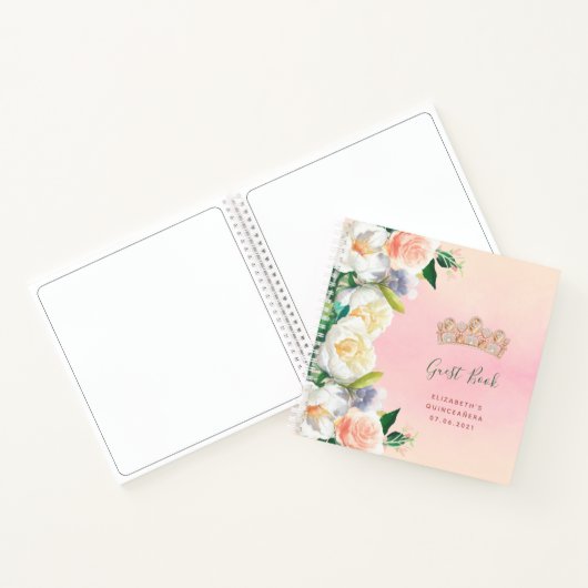 Guest book Quinceanera tiara blush roze flora Notitieboek (Binnen)