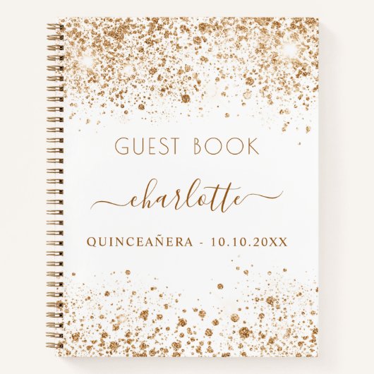 Guest book Quinceanera white gold glitter name Notitieboek (Voorkant)