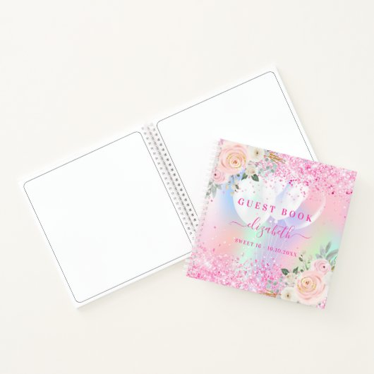 Guest book Sweet 16 roze florals holografisch Notitieboek (Binnen)