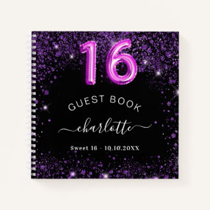 Guest book Sweet 16 zwarte paarse glitter naam Notitieboek