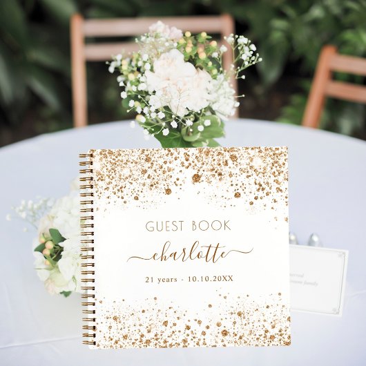 Guest book verjaart wit goud glitter monogram notitieboek
