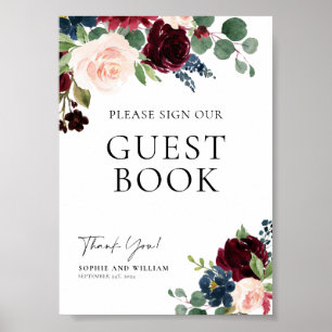 Guest Book Wedding Sign Boho Floral Burgundy Poster
