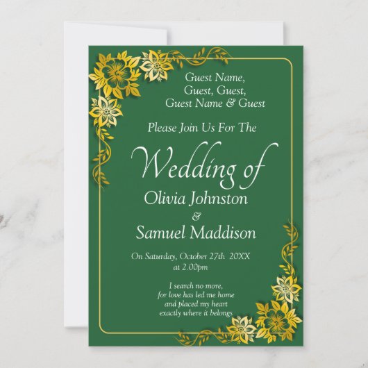 Guest Names, Emerald Green & Gold Wedding Kaart (Voorkant)