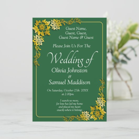 Guest Names, Emerald Green & Gold Wedding Kaart (Staand voorkant)