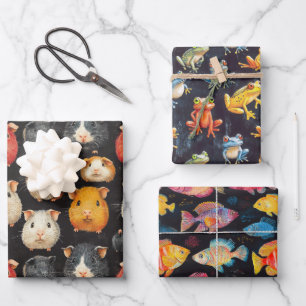 Guinee Pig, Frog & Fish Chalk Tekening Schattigee  Inpakpapier Vel