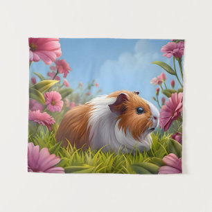 Guinee Pig te midden van de roze bloemen Wandkleed