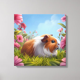 Guinee Pig's Pink Flower Paradise Canvas Afdruk