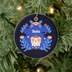 Guinese varken en blauwe bloemen, met de douanenaa keramisch ornament