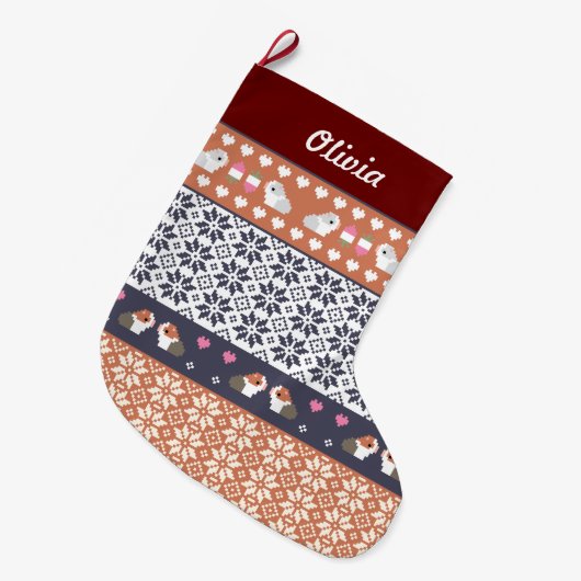 Guinese Varkens Fair Isle Pattern gepersonaliseerd Grote Kerstsok (Voorkant (Hangend))