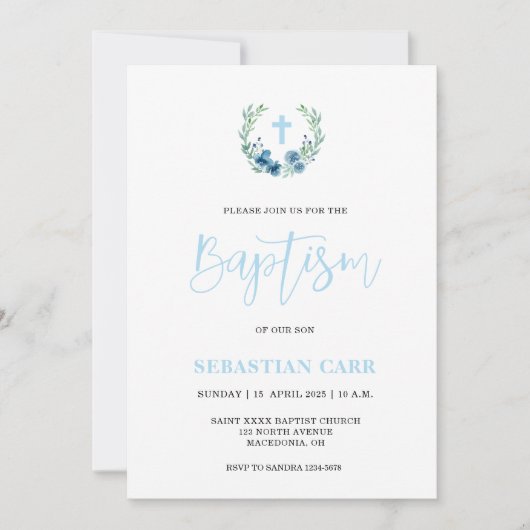 Guirlande Bleue Floral Boy Invitation Baptême (Devant)