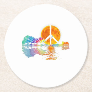 Guitar Lake Shadow Peace Love Guitar Hippie Ronde Kartonnen Onderzetter