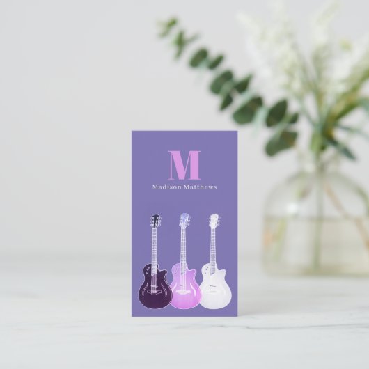 Guitar Music Teacher Custom QR Code Paars Visitekaartje (Staand voorkant)