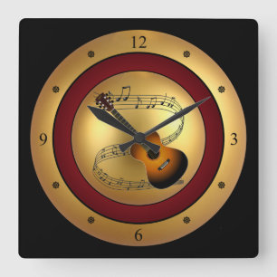 Guitar~Musical Scroll~Gold/Maroon/Black Background Vierkante Klok