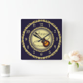 Guitar ~ Musical Scroll ~ Gold/Navy Blue ~ Vierkante Klok (Huis)