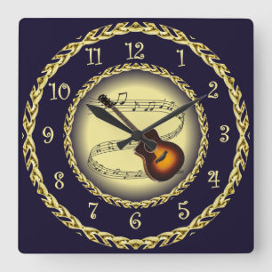 Guitar ~ Musical Scroll ~ Gold/Navy Blue ~ Vierkante Klok