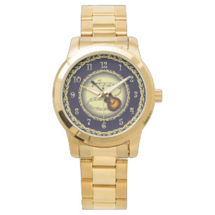 Guitar ~ Musical Scroll ~ Gold/Navy Blue ~ Watch Horloge