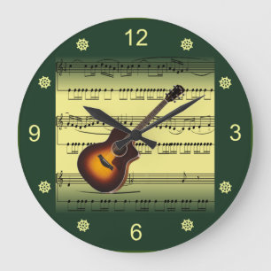 Guitar~Rollend Blad Muziek~Gold/Groene Achtergrond Grote Klok