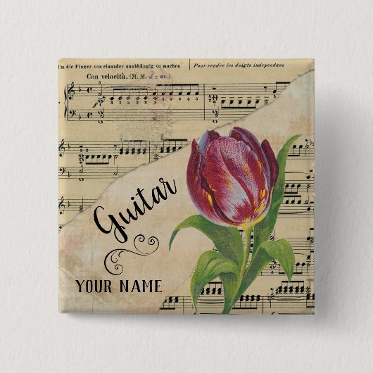 Guitar Tulip  — Datablad Muziek Gepersonaliseerd Vierkante Button 5,1 Cm (Voorkant)