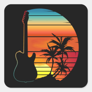 GUITAR ZONSONDERGANG RETRO MUZIEK LIEFHEBBERS  VIERKANTE STICKER