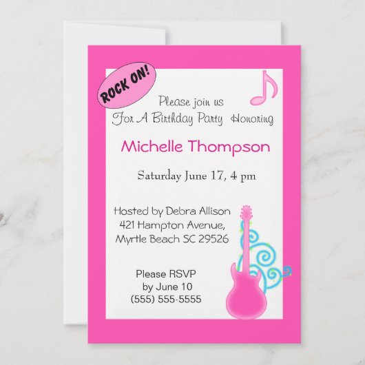 Guitare rose Invitations d'anniversaire (Devant)